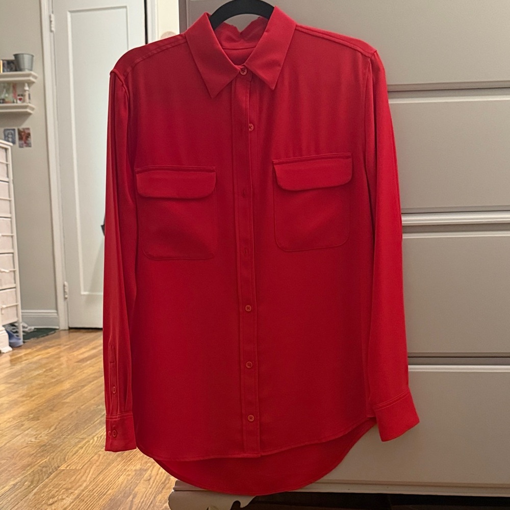 Red Button-up Silk Equipment blouse
